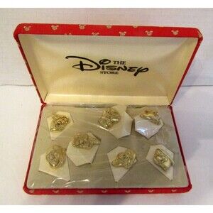 Snow White Seven Dwarfs 3D Pin Set Vintage Gold Tone 7 Pc Box Set Retired NIB